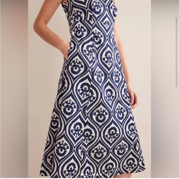 Boden Slash Neck Midi Dress Navy Geo Cascade Size 6R - Picture 4 of 6